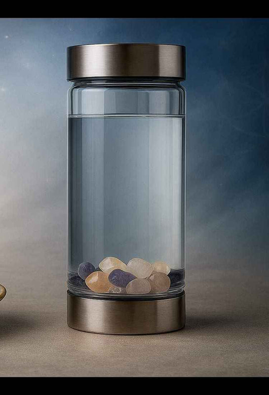 Gemstone water bottle with sage bundle and candle on celestial backdrop. Mobile view.