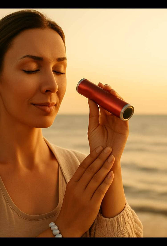 Woman meditating with red crystal kaleidoscope by the ocean at sunset.