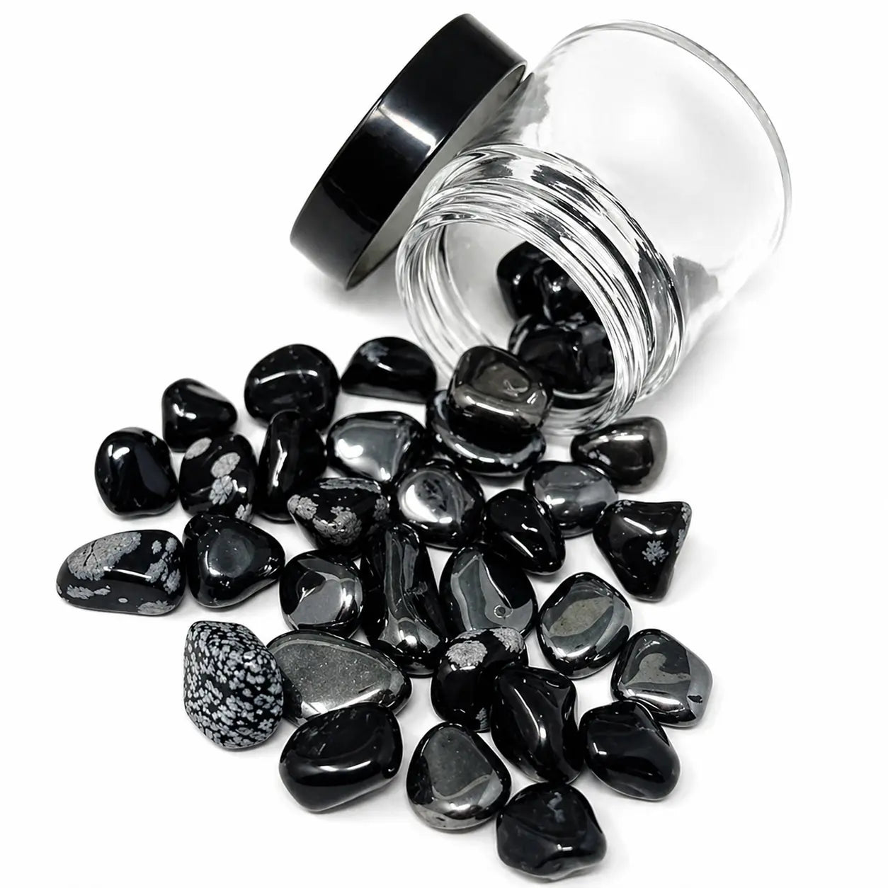 Center crystal blend with Snowflake Obsidian, Hematite, and Black Chalcedony stones spilling from a 4oz glass jar for crystal water bottles