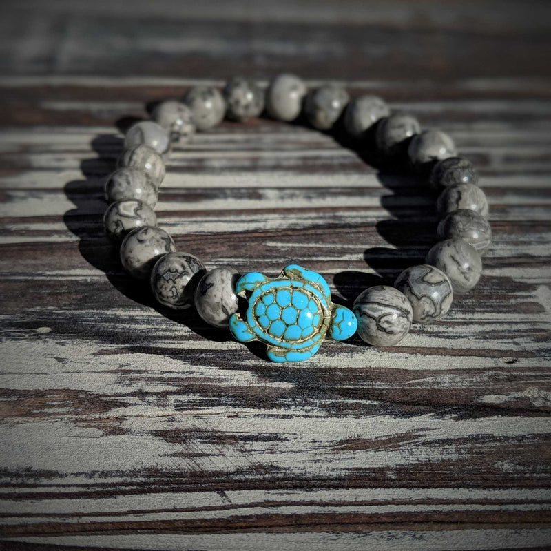 Grey Leopard Agate Turtle Bracelet – Grounding Energy on Stretch Cord - Nymph Ki