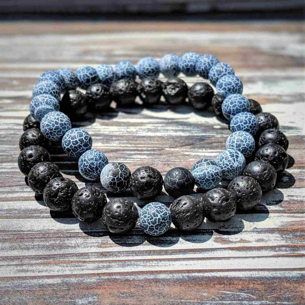 Lava Rock & Ocean - Blue Weathering Agate Bracelet Duo - Nymph Ki