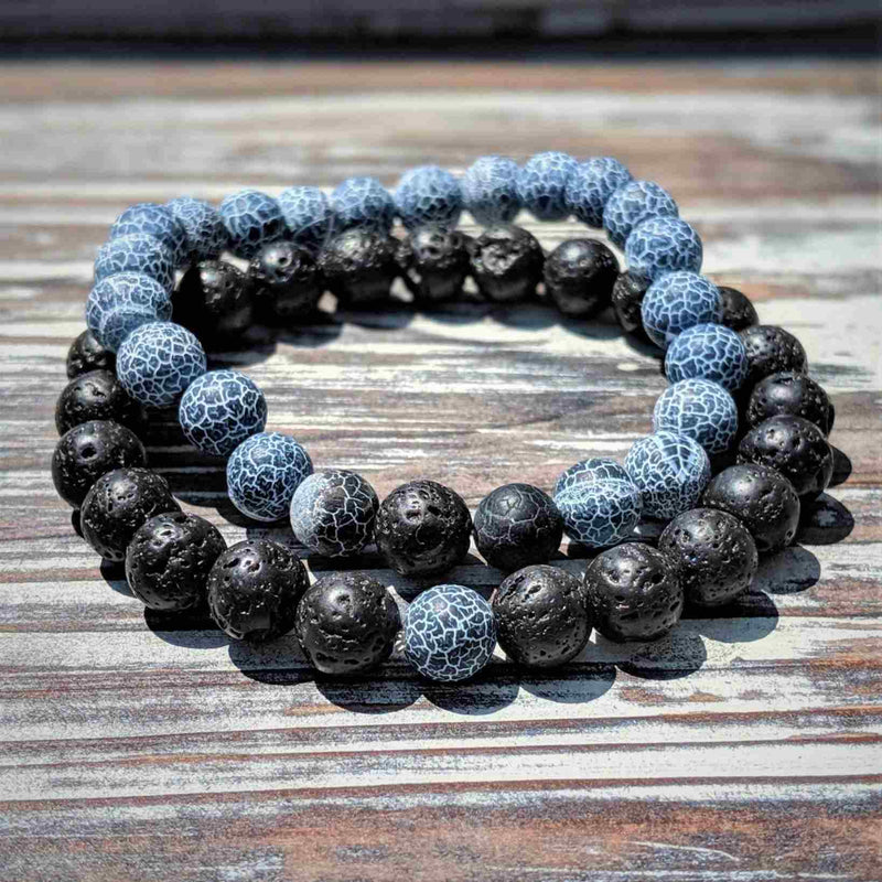 Lava Rock & Ocean - Blue Weathering Agate Bracelet Duo - Nymph Ki