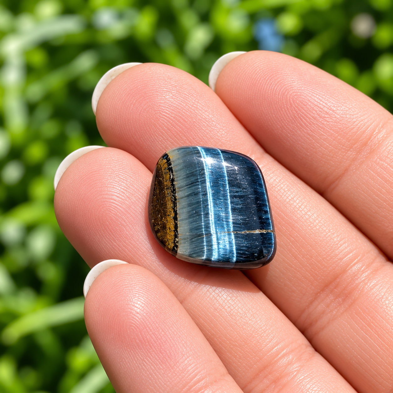Polished Blue Tiger’s Eye stones resting in an open palm with soft green grass in the background.