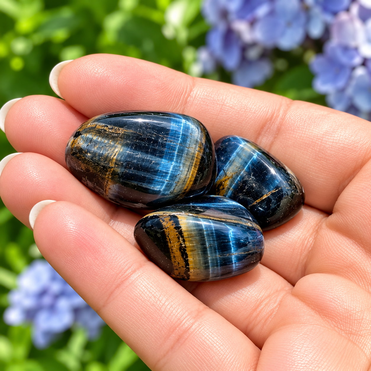Three polished Blue Tiger’s Eye stones resting in an open palm with soft green grass in the background.
