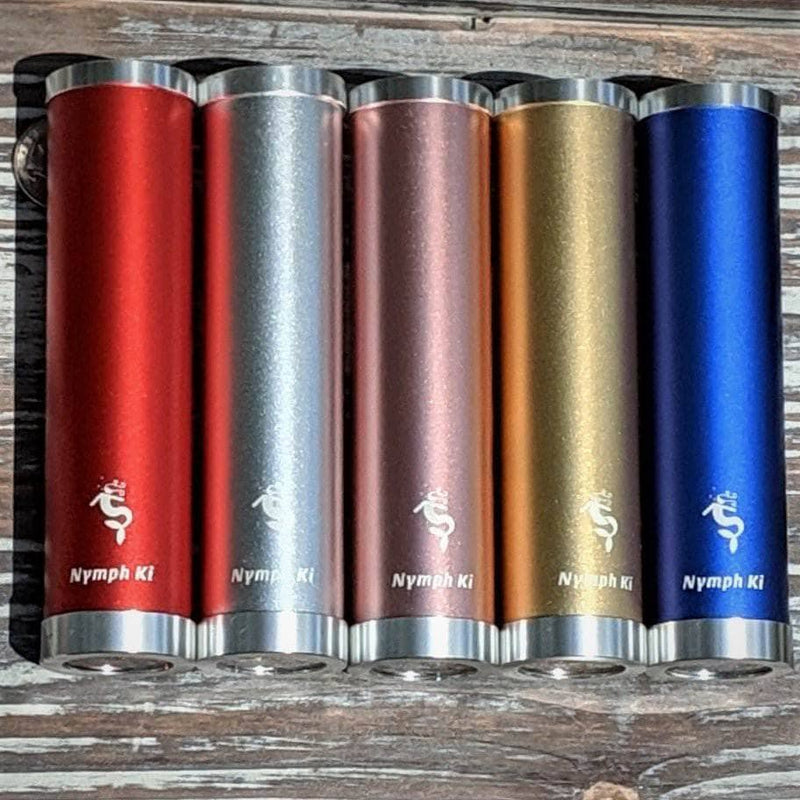 Vertical display of crystal kaleidoscopes highlighting the deep blue kaleidoscope with metallic shimmer.