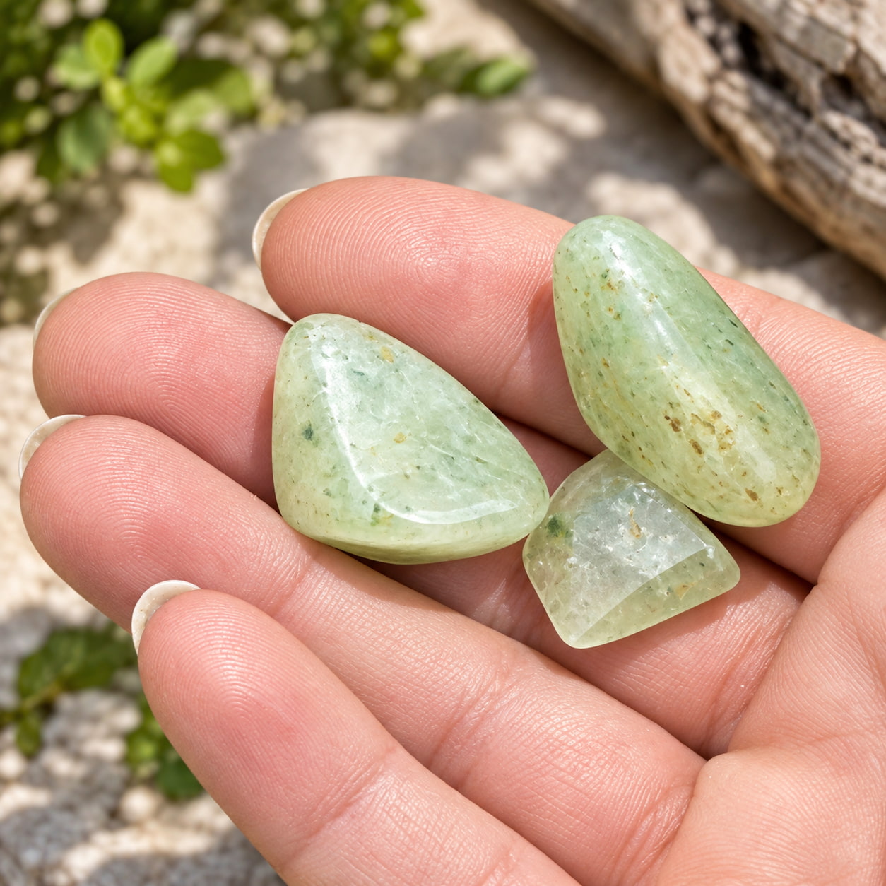 Three soft green Prehnite crystal resting in a hand with sand and beach plants in the background.