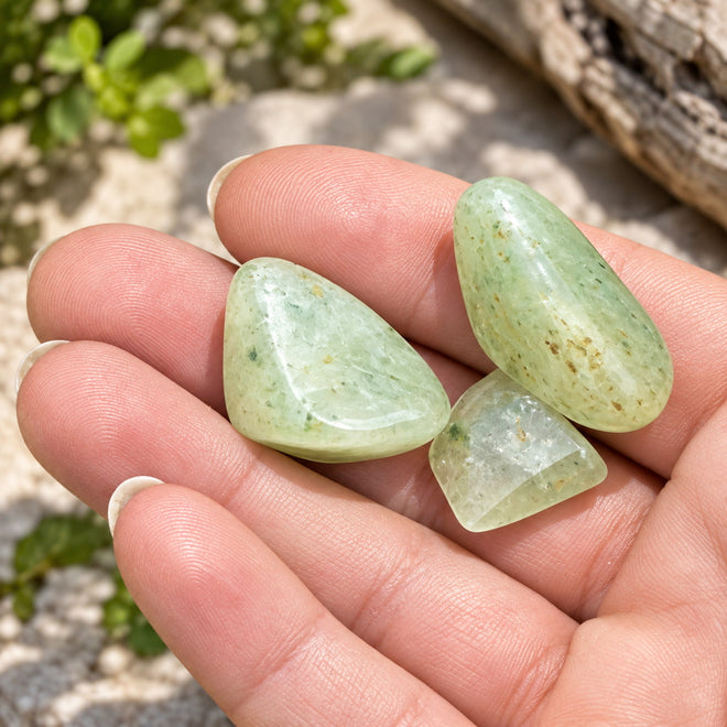 Three soft green Prehnite crystal resting in a hand with sand and beach plants in the background.