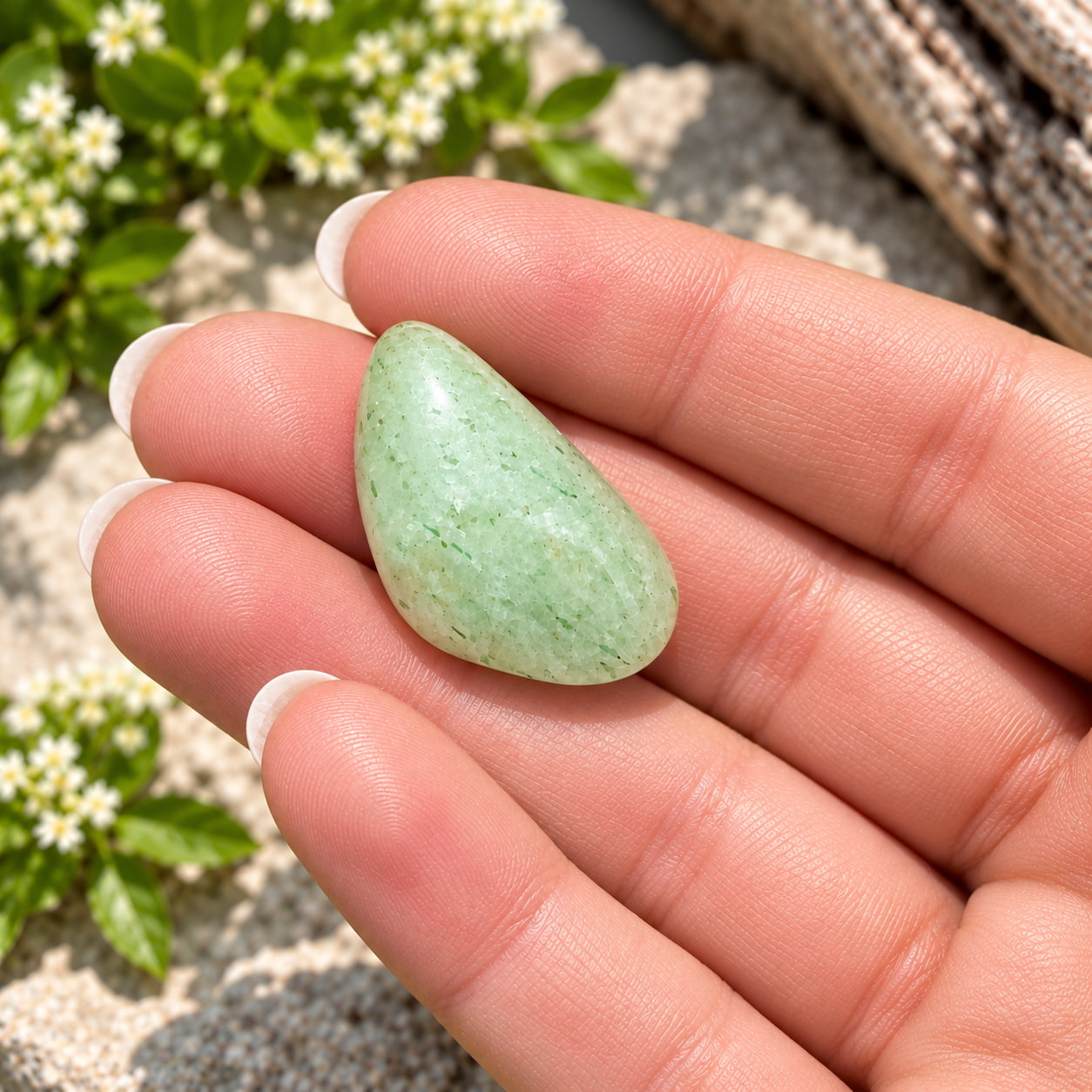 Soft green Prehnite crystal resting in a hand with a beach sand background.