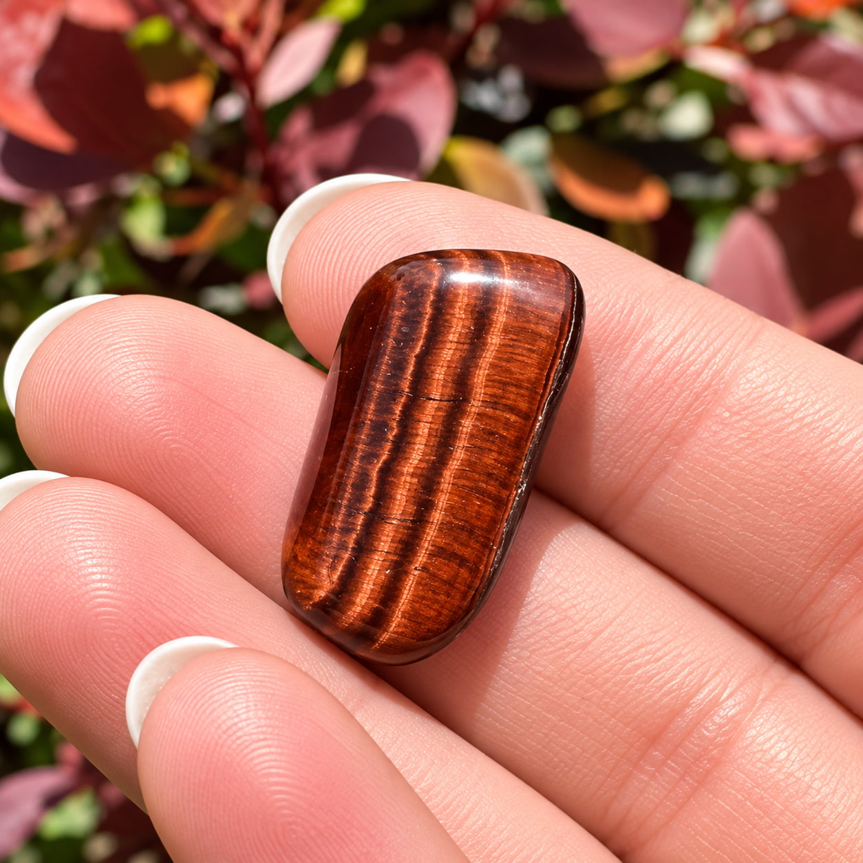 Polished red tiger’s eye crystal resting in a hand with leafy background and sunlight shimmer.