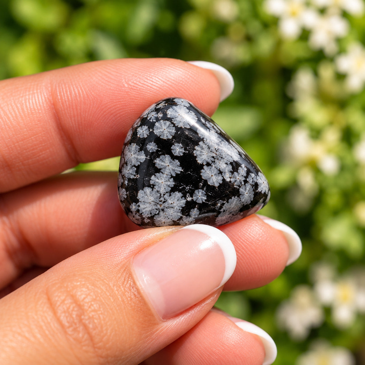 A hand with a French manicure holds a polished black tumbled Snowflake Obsidian stone featuring white dendritic crystal formations, set against a blurred background of green foliage and small white flowers.
