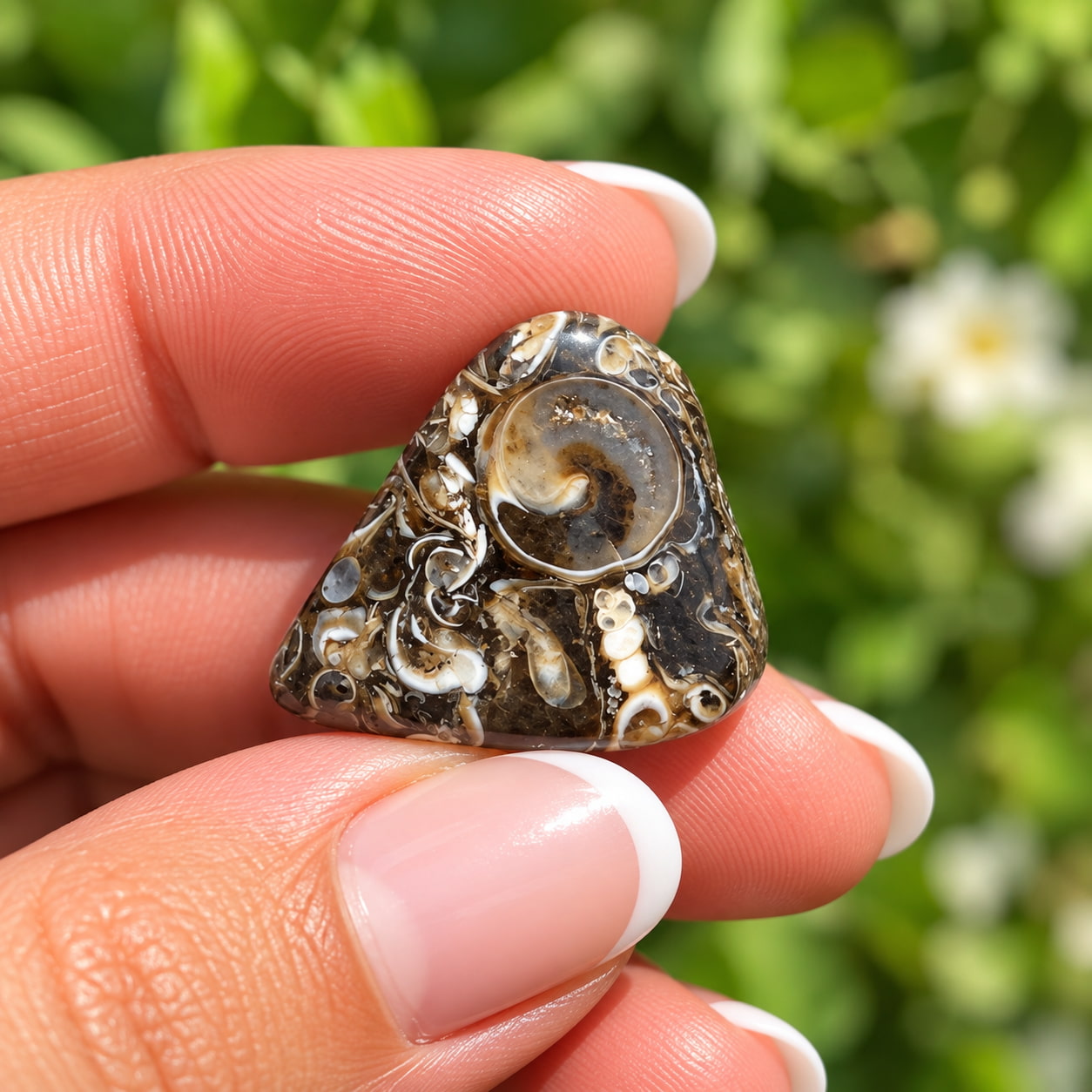 Turritella agate crystal in a palm over vibrant green plants.