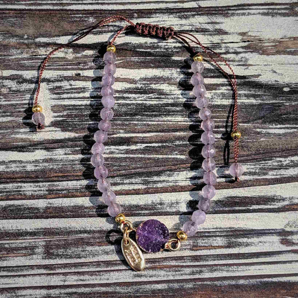 Purple Crystal Petite Bracelet – Adjustable Silk Cord with Gold Accents - Nymph Ki