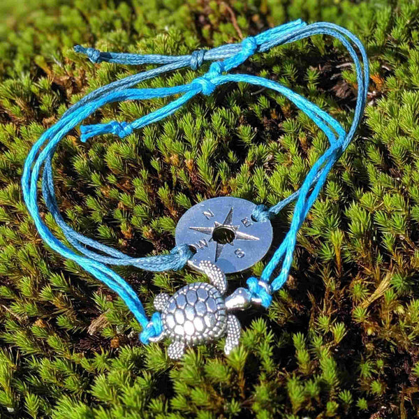 True North Turtle Bracelet – Nautical Blue Adjustable Cord with Compass & Sea Turtle Charms - Nymph Ki
