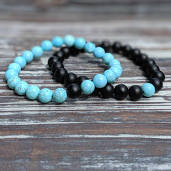 Turquoise and Black Duo Bracelet – Yin Yang - Inspired Stretch Set with 8mm Beads - Nymph Ki