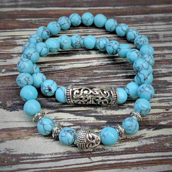 Turquoise Buddha Head Bracelet Set – Double Layer for Mindful Balance - Nymph Ki