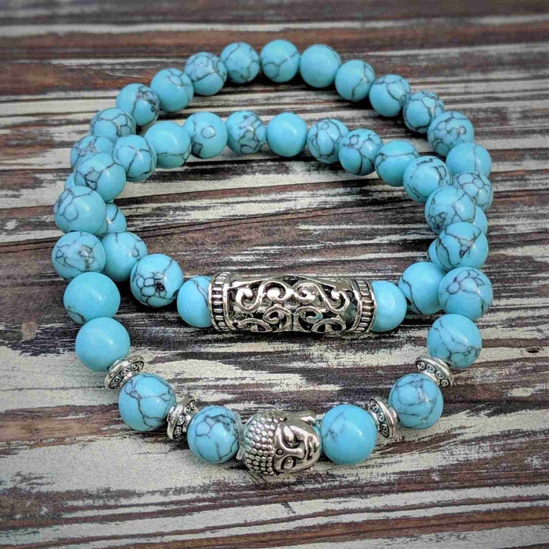 Turquoise Buddha Head Bracelet Set – Double Layer for Mindful Balance - Nymph Ki