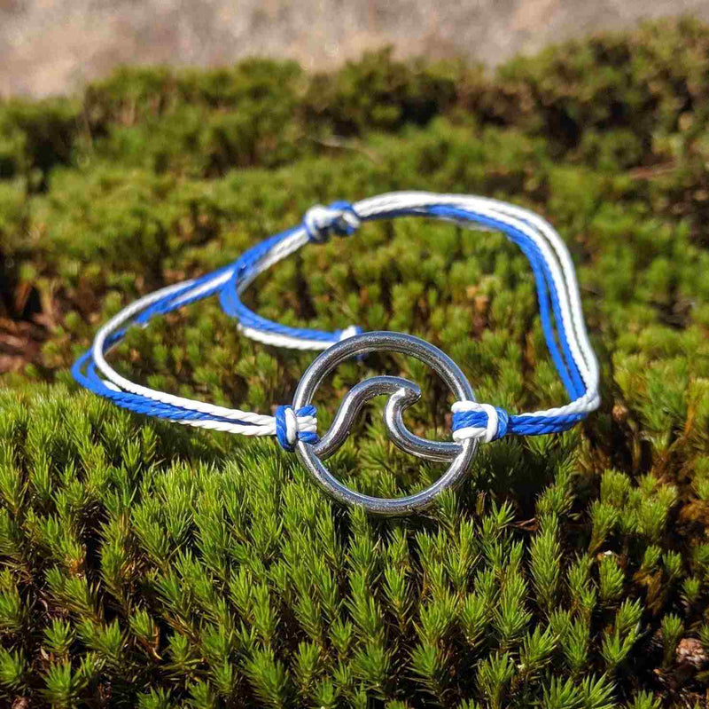 Wave Collection Bracelet – Blue & White Cord with Silver Ocean Charm - Nymph Ki