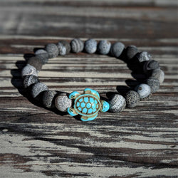 Weathering Agate Turtle Bracelet – 8mm Earth - Toned Gemstone Stretch with Turquoise Turtle - Nymph Ki