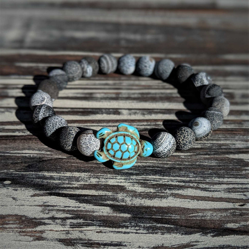 Weathering Agate Turtle Bracelet – 8mm Earth - Toned Gemstone Stretch with Turquoise Turtle - Nymph Ki