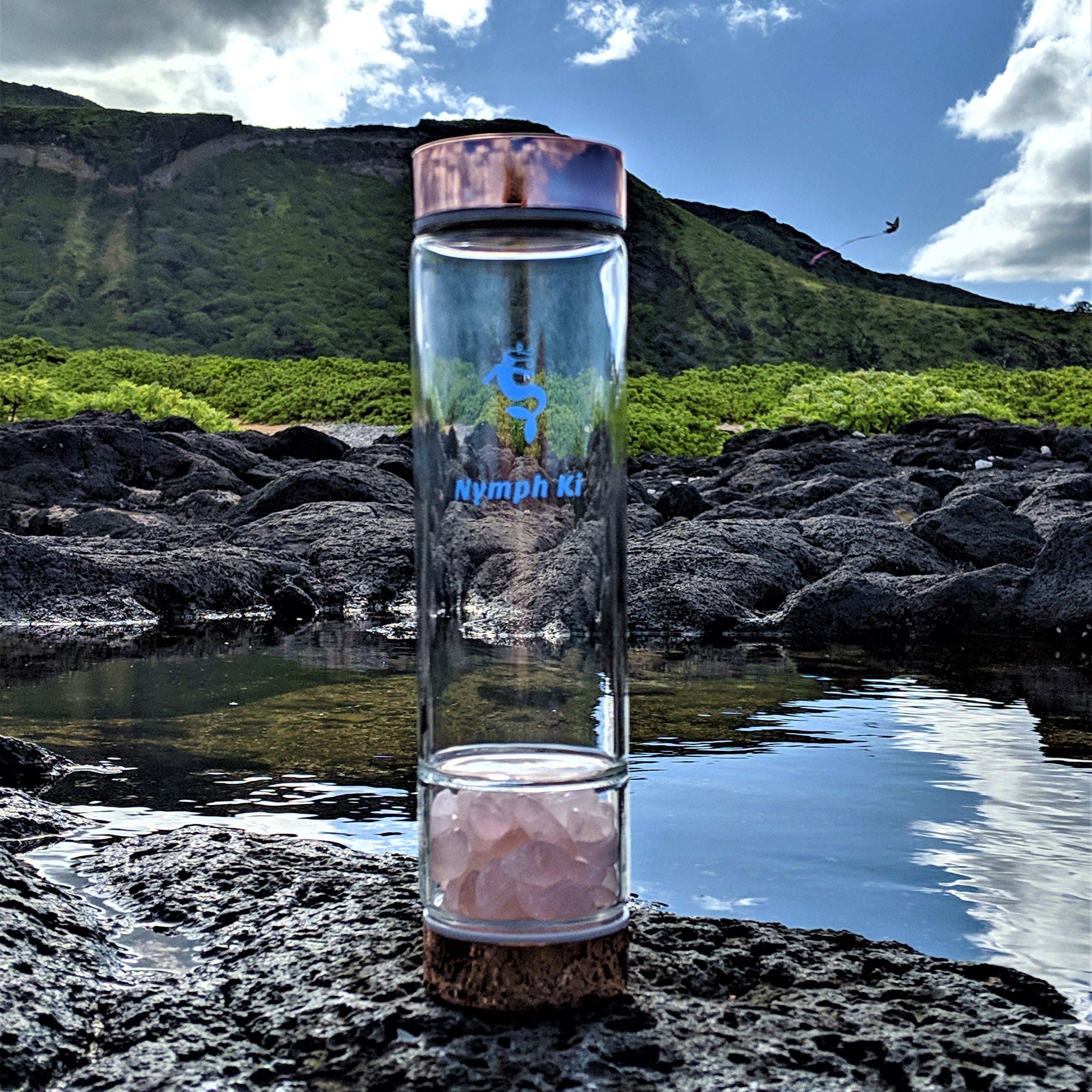 Rose Gold Crystal Ki Water Bottle with Rose Quartz Crystals and Stainless Steel Tea Strainer