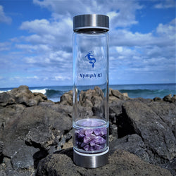 Stainless Steel Crystal Ki Water Bottle with Amethyst Crystals and Stainless Steel Tea Strainer