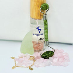Heart of Gold Set includes rose hydrosol with rose quartz, hamsa hand bracelet, jade roller and gua Sha - Nymph Ki