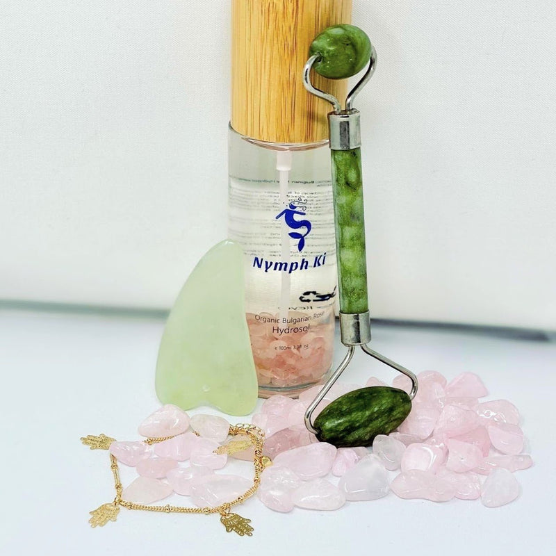 Heart of Gold Set includes rose hydrosol with rose quartz, hamsa hand bracelet, jade roller and gua Sha - Nymph Ki