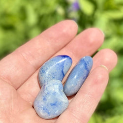 Three Blue Quartzite crystals in a palm over lush green grass.

