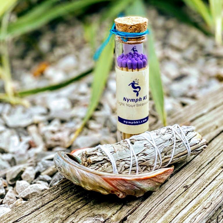 Sage, abalone shell, and chakra stones beautifully displayed on driftwood in nature.

