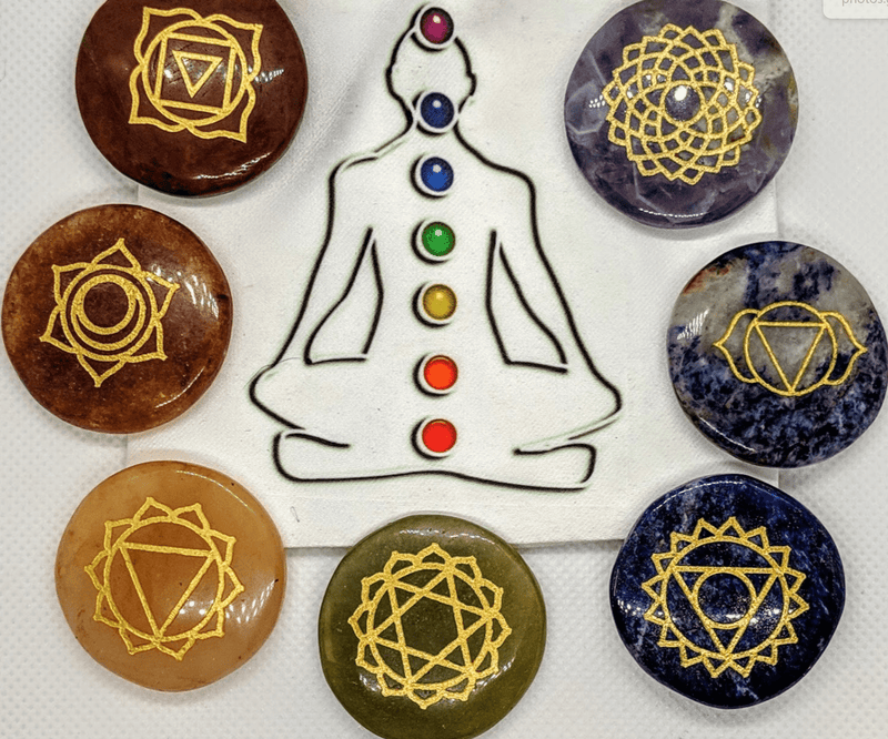 Chakra grid and white carry bag displayed with symbols and stones for alignment.