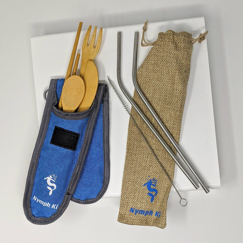 Bamboo fork, knife, spoon, and straw in open canvas case with blue accents. - Nymph Ki