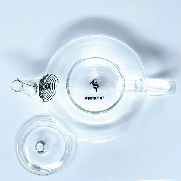 Overhead view of glass tea pot showing internal infuser detail. - Nymph Ki