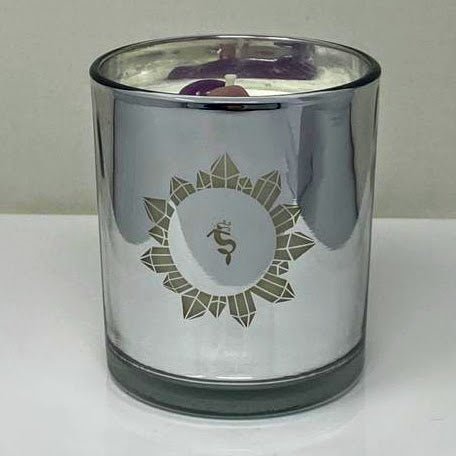  Crystal soy candle in mirrored silver glass jar with brand label.
