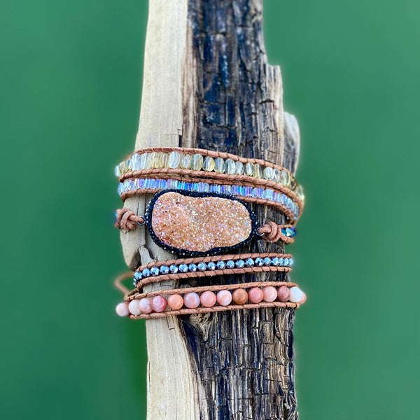 Side view of Sparkling Rose Wrap bracelet featuring a shimmering Druzy Quartz centerpiece and pastel tones.