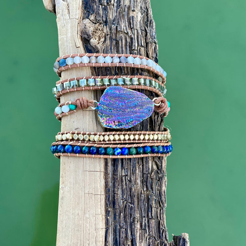 Rainbow Titanium Aura Quartz wrap bracelet with layered beads and shimmer detail.