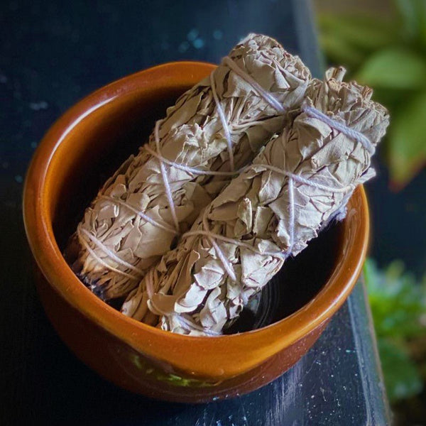 Two white sage smudge sticks in a terra cotta bowl on a natural wood surface.

